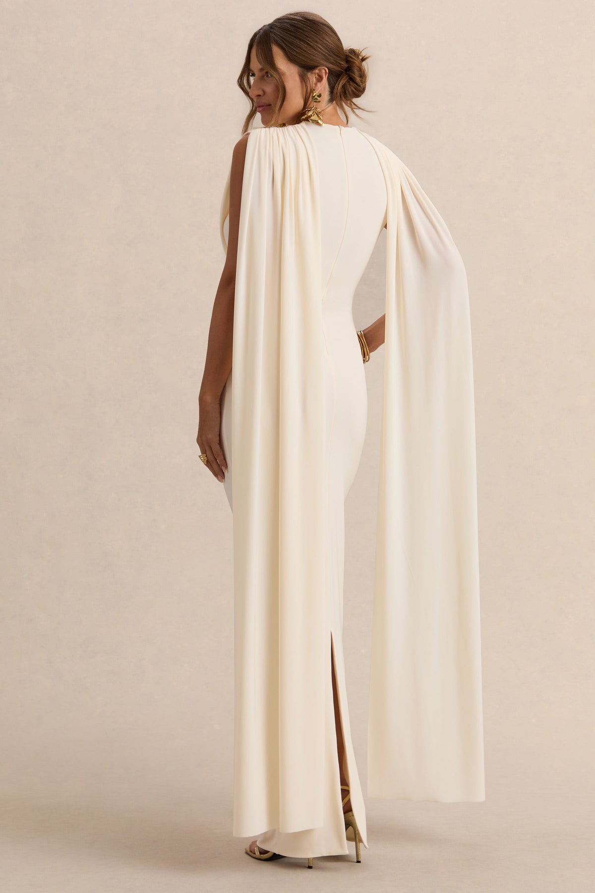 Belva | Cream High-Neck Maternity Maxi Dress With Cape Detail
