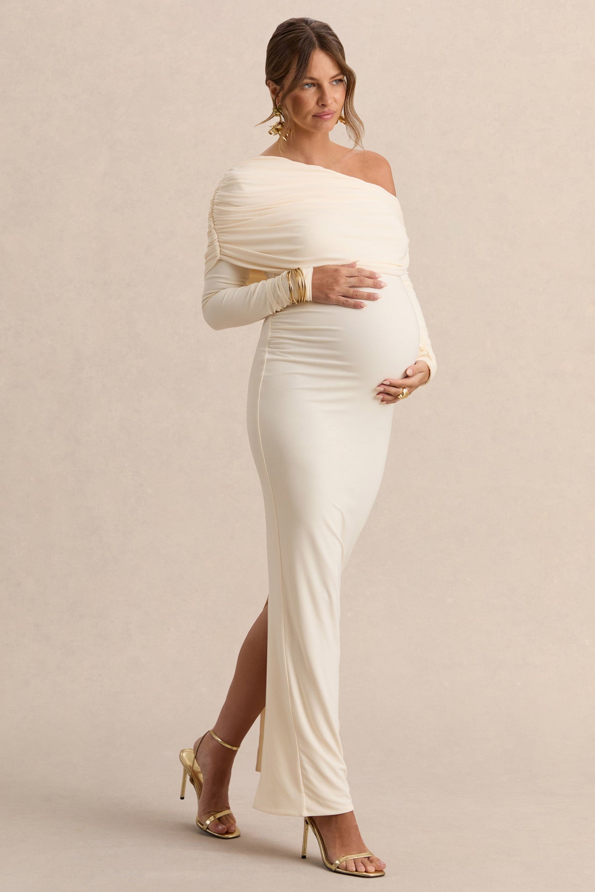 Carleigh | Cream Asymmetric-Neck Maternity Maxi Dress With Draped Detailing