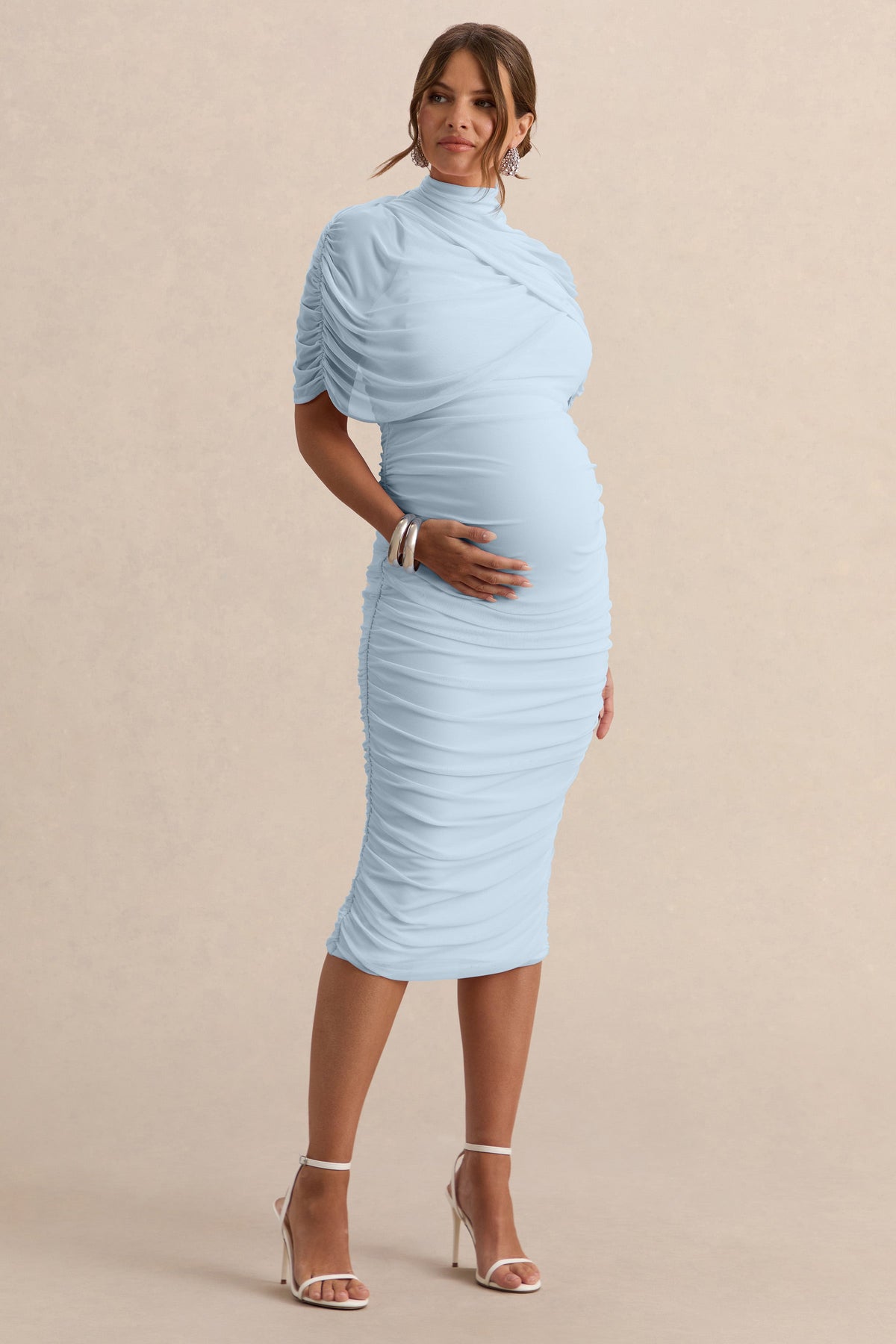 Aderyn | Light Blue High-Neck Maternity Midi Dress With Sheer Cape Sleeves