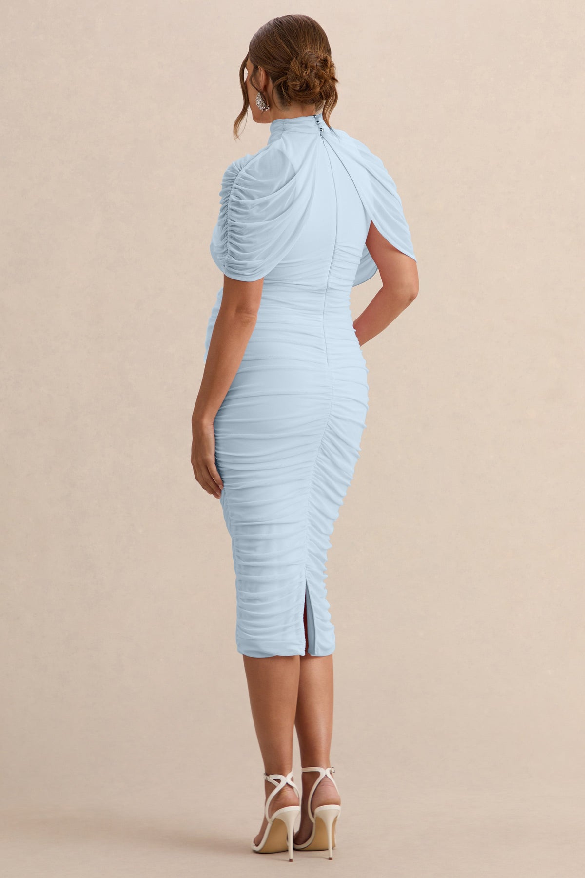 Aderyn | Light Blue High-Neck Maternity Midi Dress With Sheer Cape Sleeves