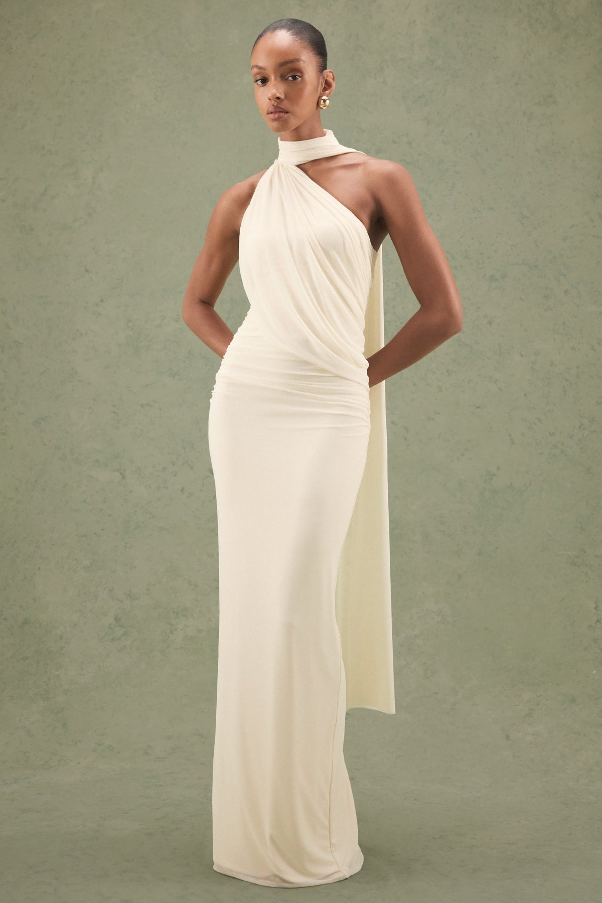 Gelsey | Cream Mesh High Neck Ruched Maxi Dress With Scarf Detail