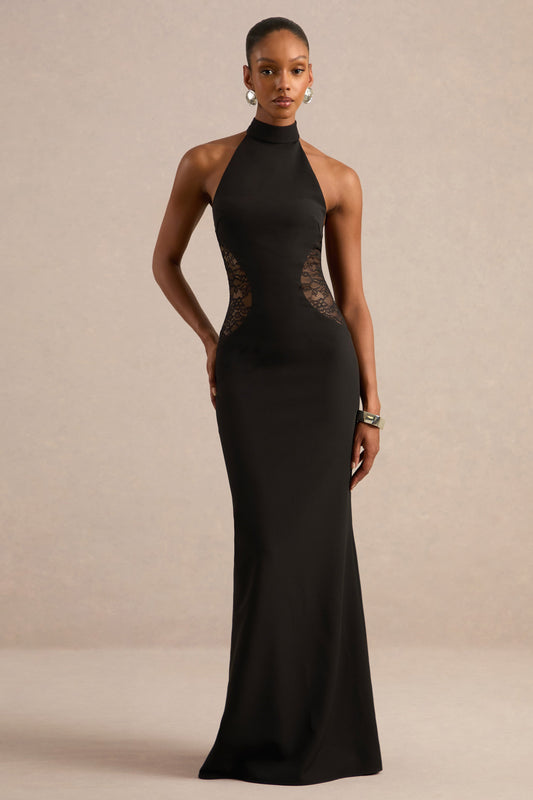 Laira | Black High Neck Maxi Dress With Sheer Lace Detail