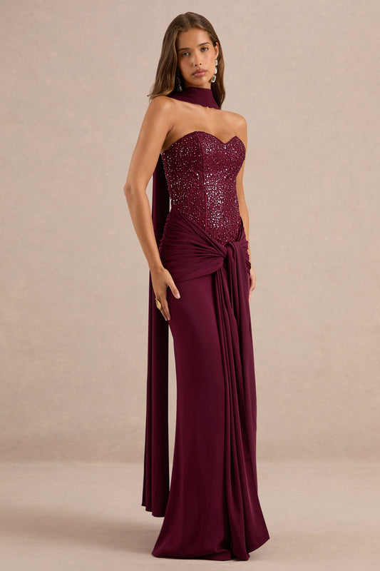 Cassara | Burgundy Embellished Corset Maxi Dress With Scarf and Gathered Detailing