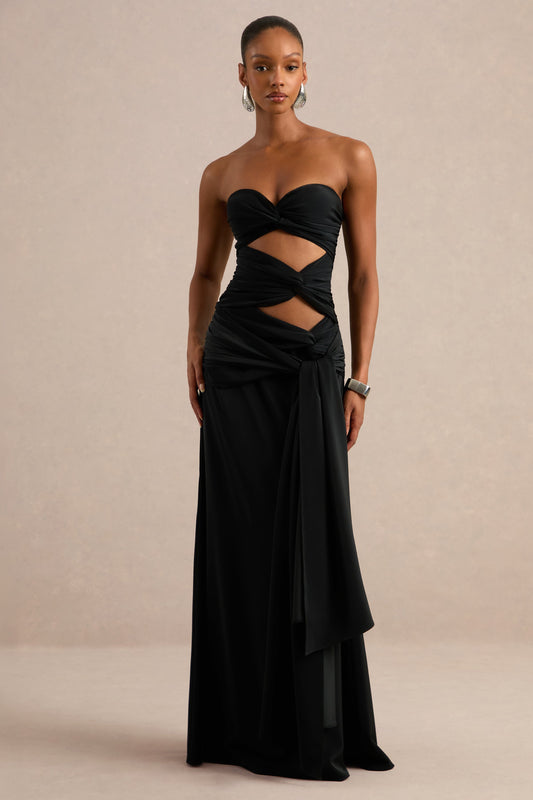 Alinae | Black Satin Sweetheart Ruched Maxi Dress With Body Cut Outs And Sash