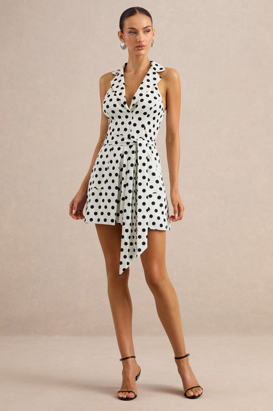 Kerina | White Polka Dot Plunge-Neck Romper With Belt Detail