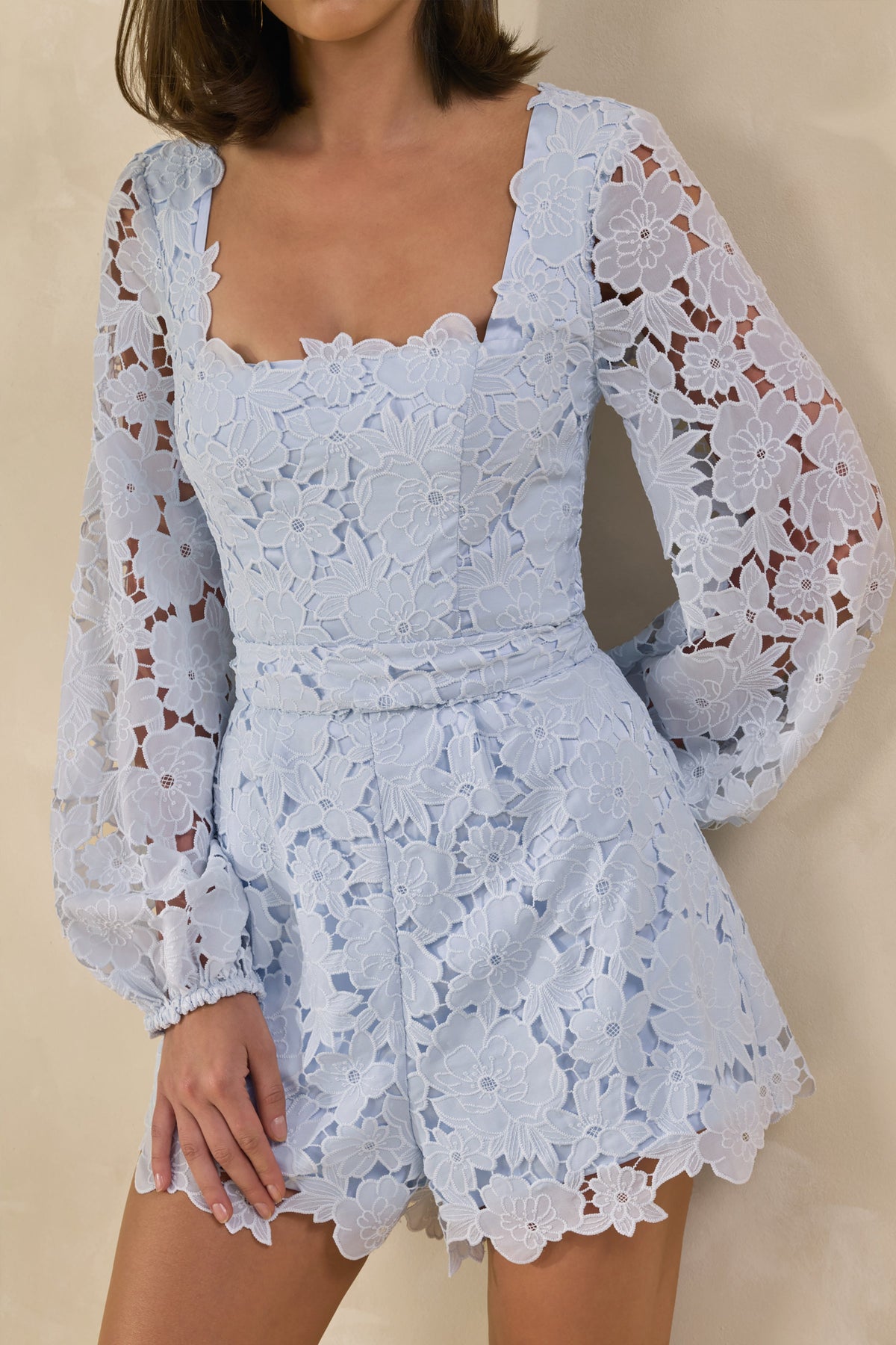 Korinna | Blue Lace Square-Neck Romper With Belt Detail