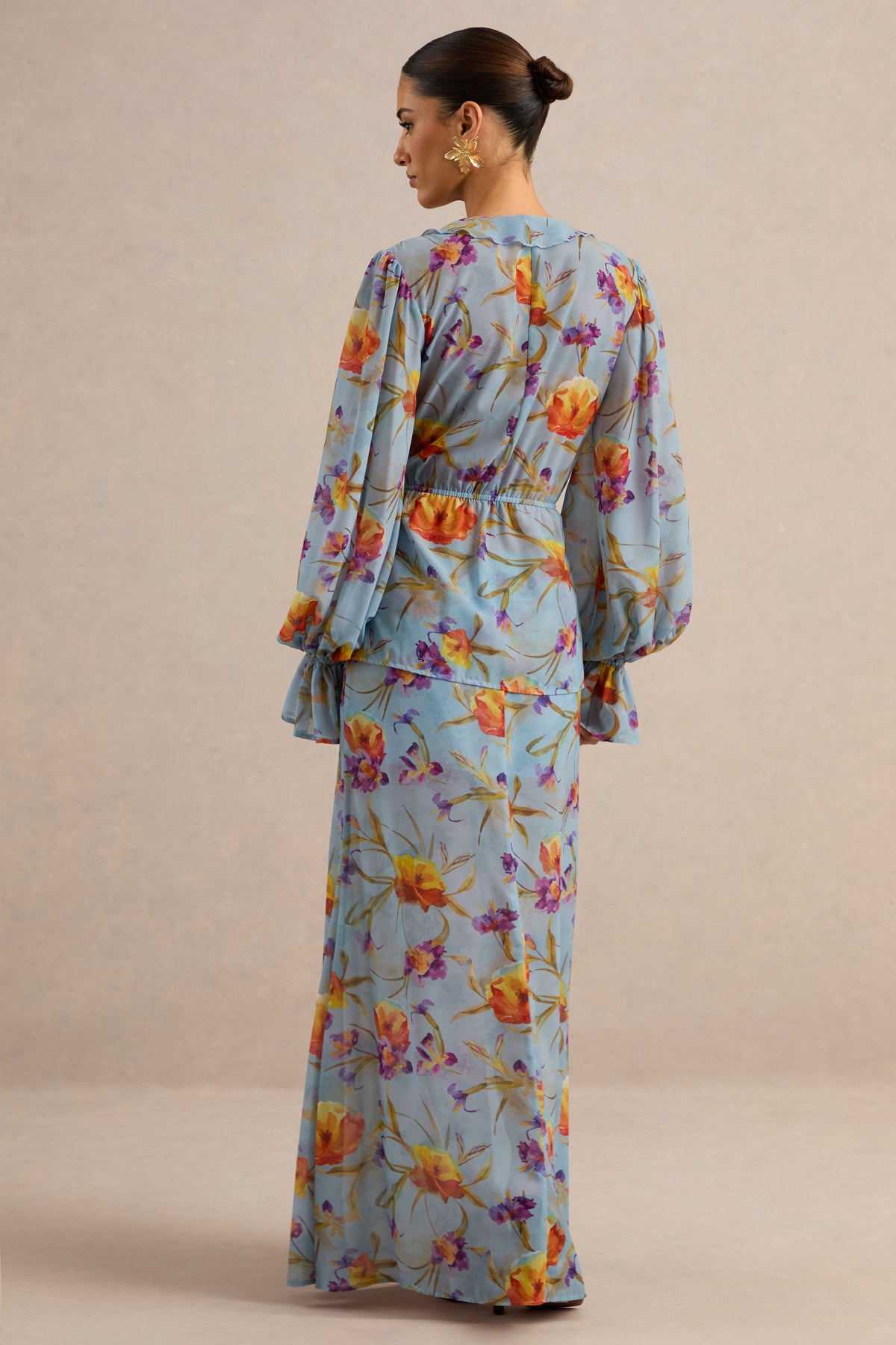 Alveta | Blue Floral Chiffon Sheer Maxi Skirt
