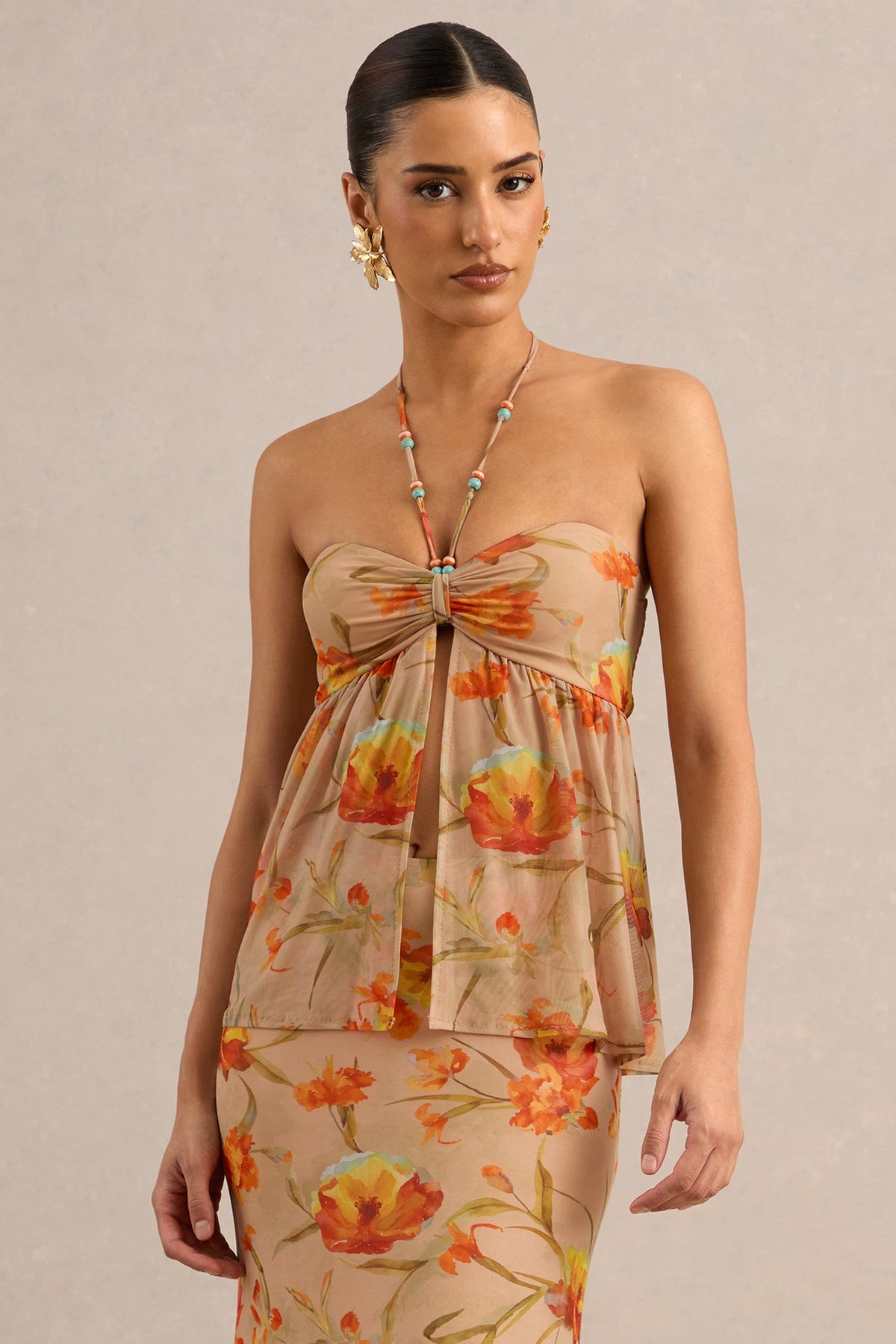 Flaviah | Orange Floral Print Mesh Halter-Neck Top