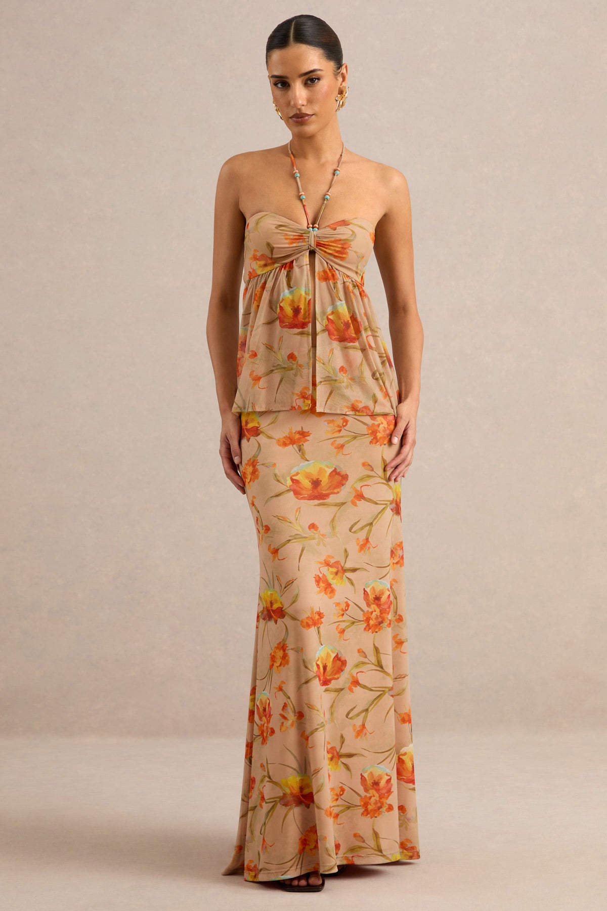 Flaviah | Orange Floral Print Mesh Halter-Neck Top