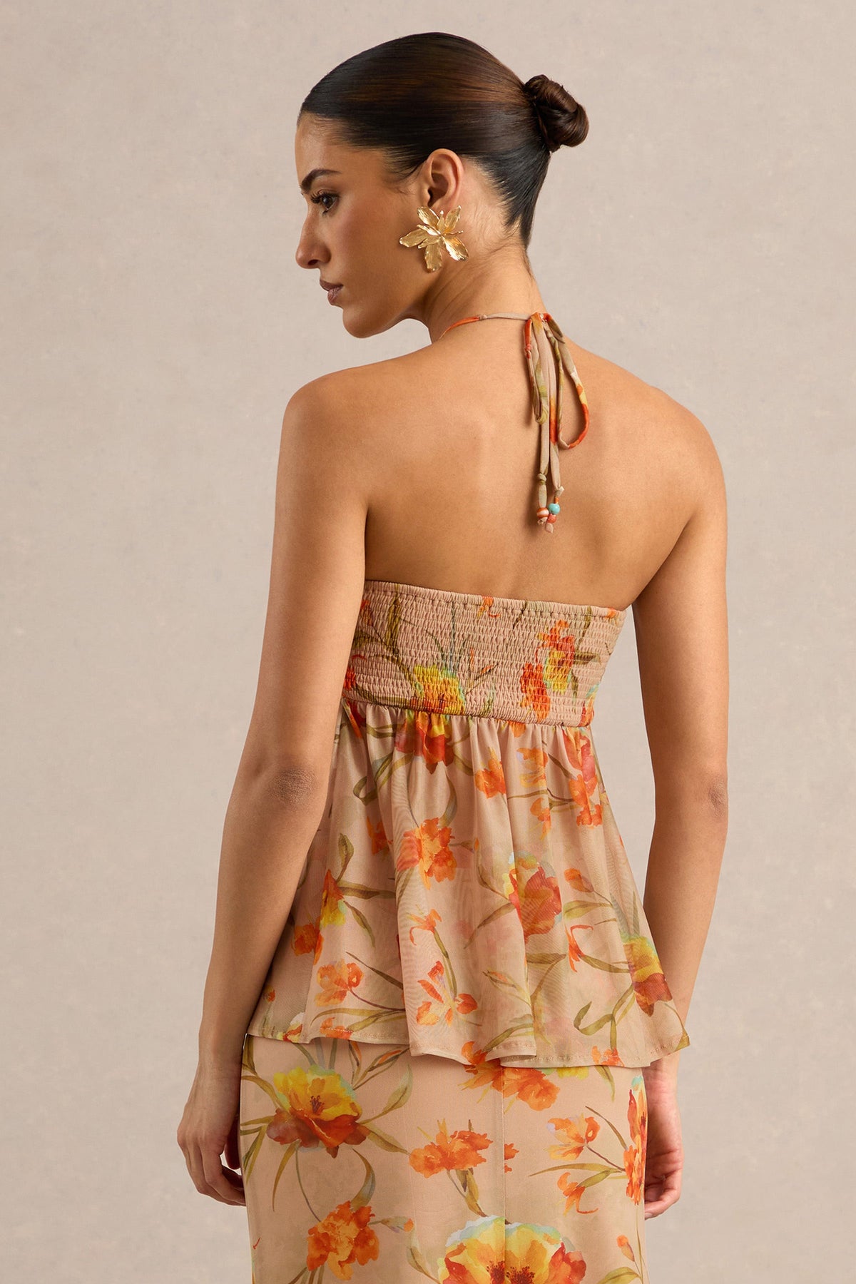 Flaviah | Orange Floral Print Mesh Halter-Neck Top