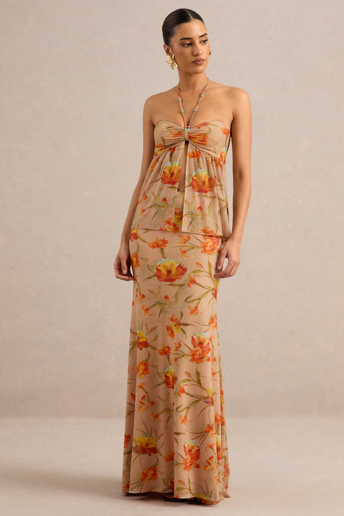 Flaviah | Orange Floral Print Mesh Maxi Skirt