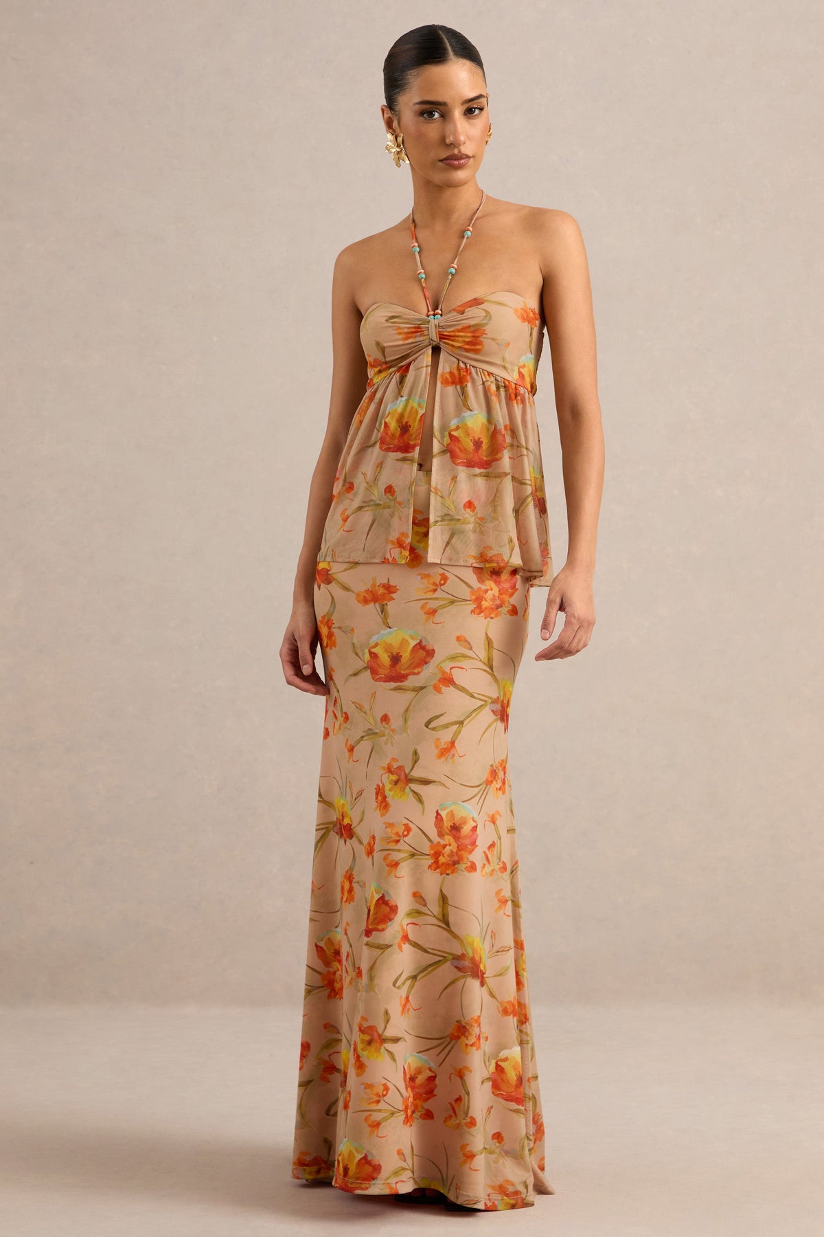 Flaviah | Orange Floral Print Mesh Maxi Skirt
