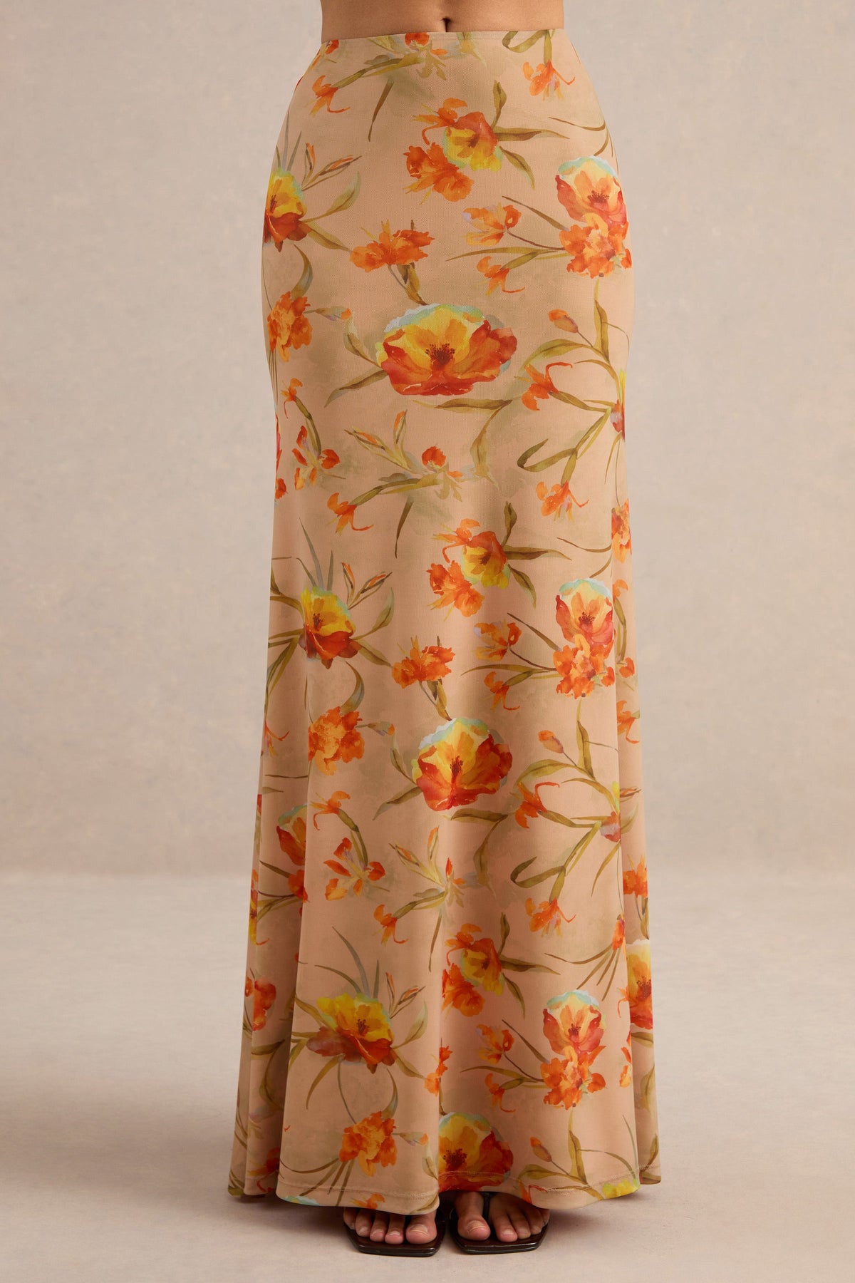 Flaviah | Orange Floral Print Mesh Maxi Skirt