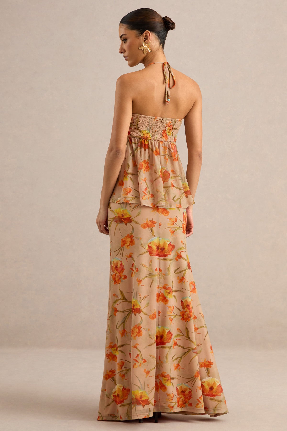 Flaviah | Orange Floral Print Mesh Maxi Skirt