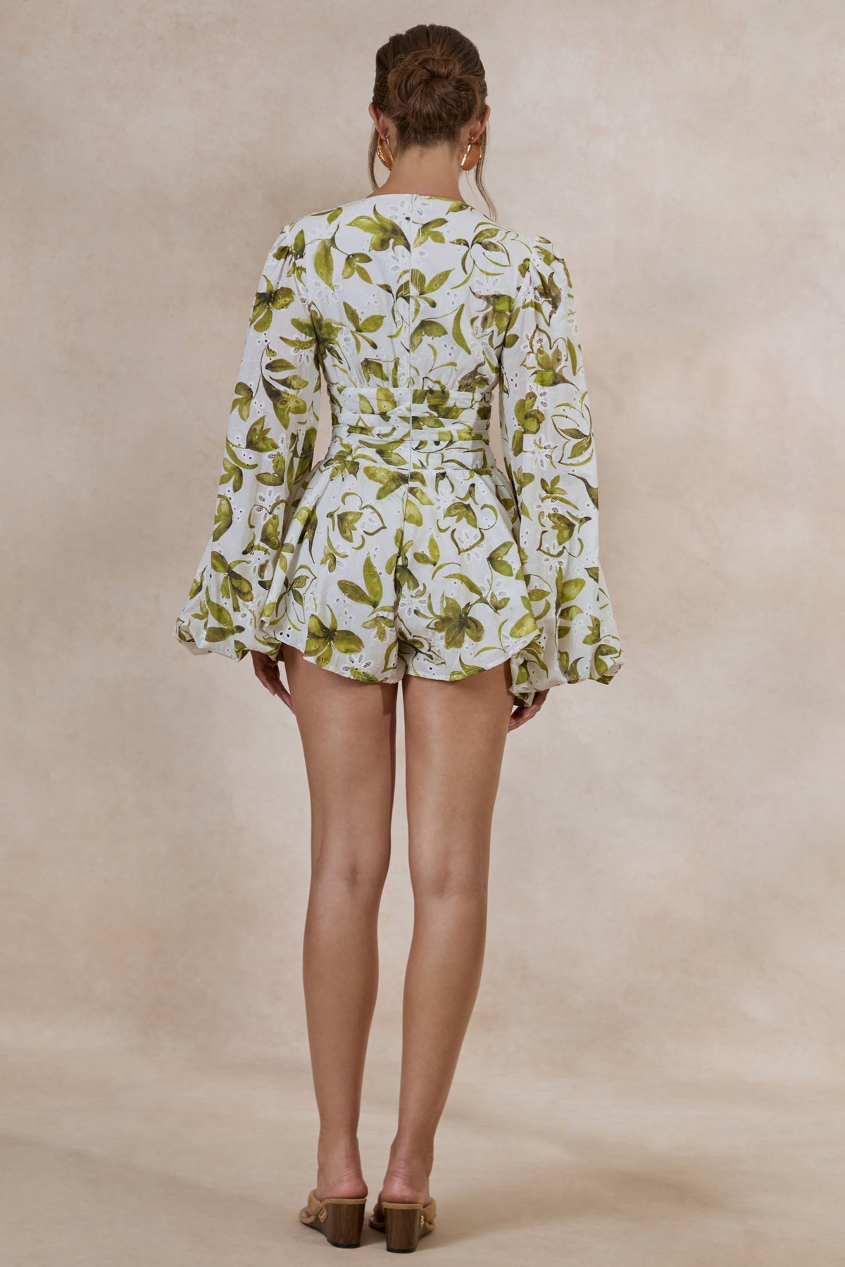 Caron | White And Green Floral Broderie Plunge-Neck Romper