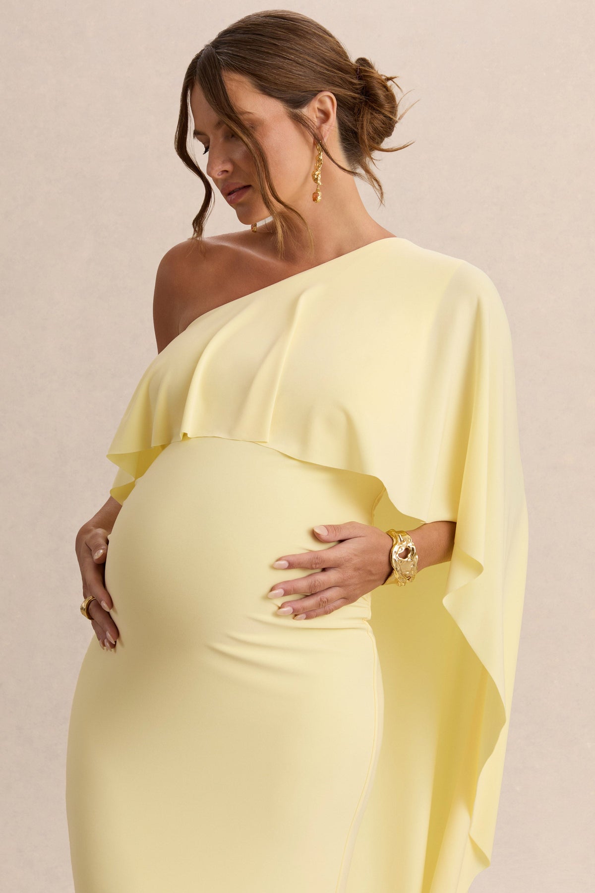 Cicely | Lemon Asymmetric-Neck Maternity Maxi Dress With Cape Sleeve