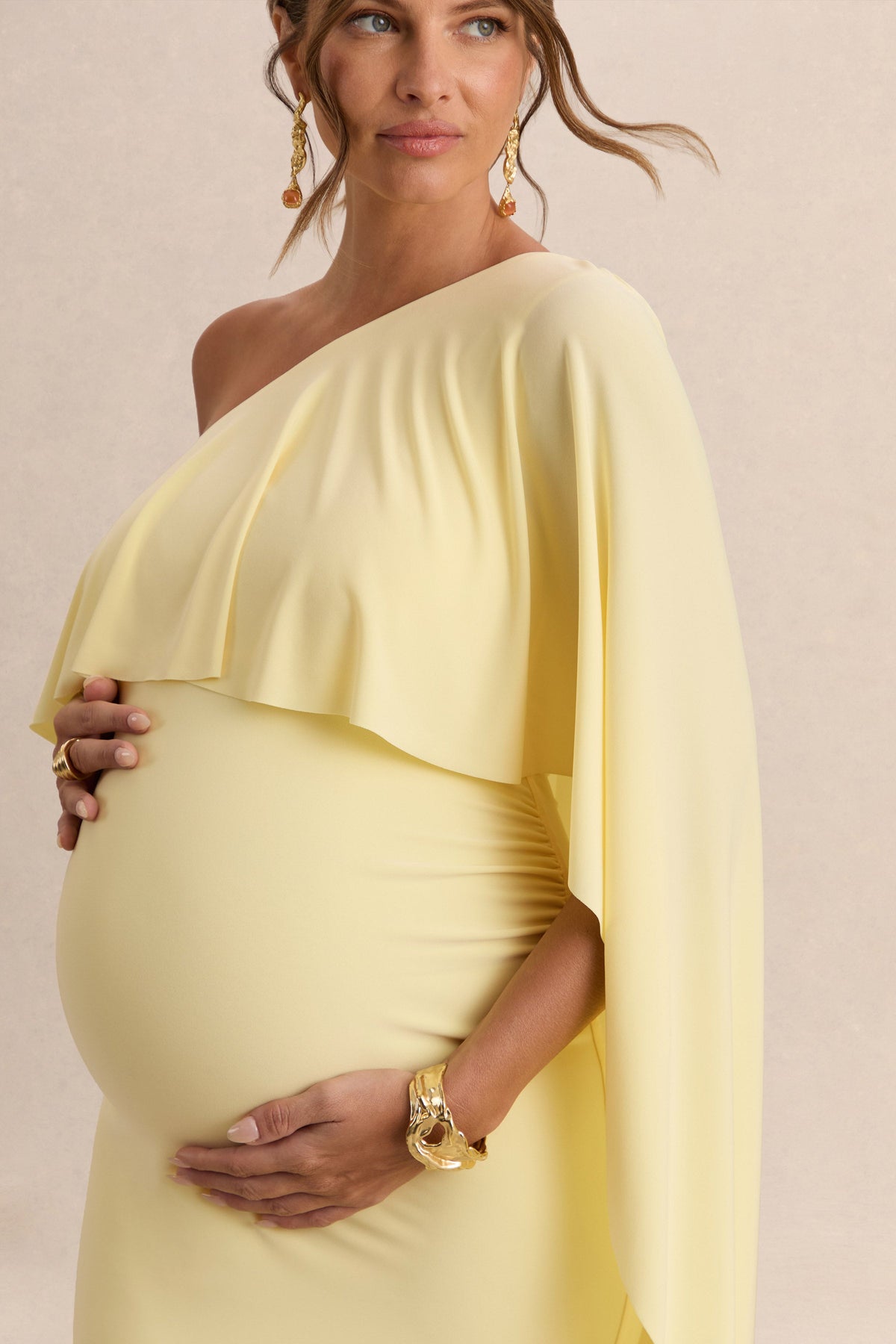 Cicely | Lemon Asymmetric-Neck Maternity Maxi Dress With Cape Sleeve
