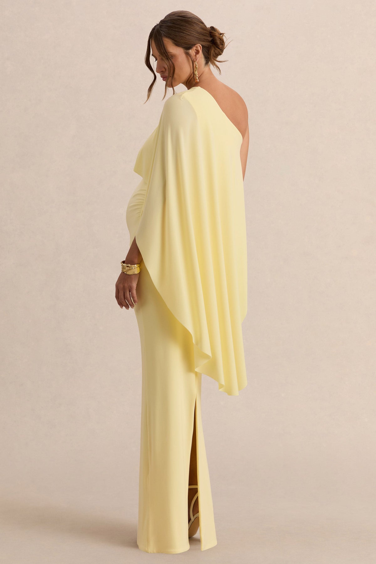 Cicely | Lemon Asymmetric-Neck Maternity Maxi Dress With Cape Sleeve