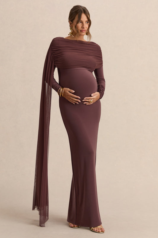 Annelia | Dark Brown High-Neck Maternity Maxi Dress With Sash Detail