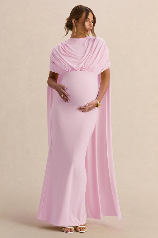 Araminta | Light Pink Bardot-Neck Maternity Maxi Dress With Cape Sleeves