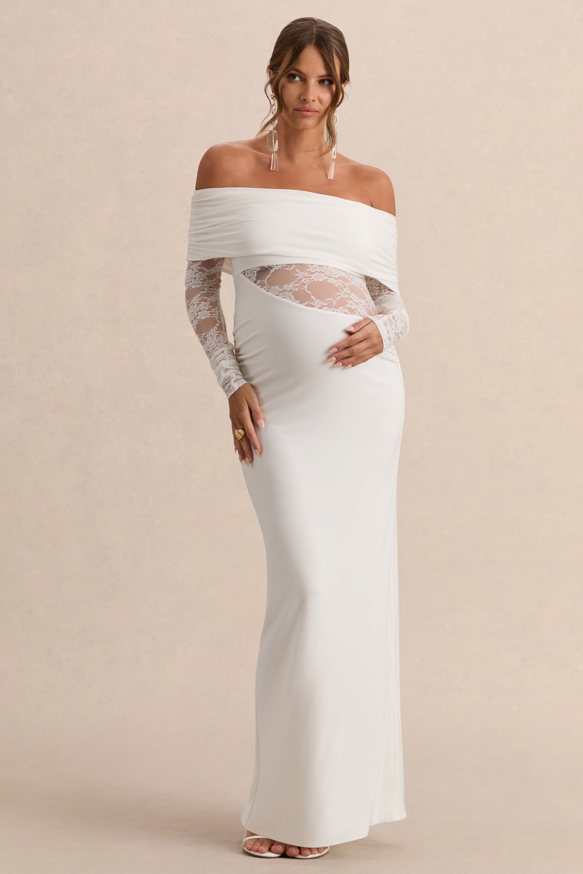 Artemisia | White Jersey Bardot Long Sleeve Maternity Maxi Dress With Gathered Detailing And Sheer Lace Panel