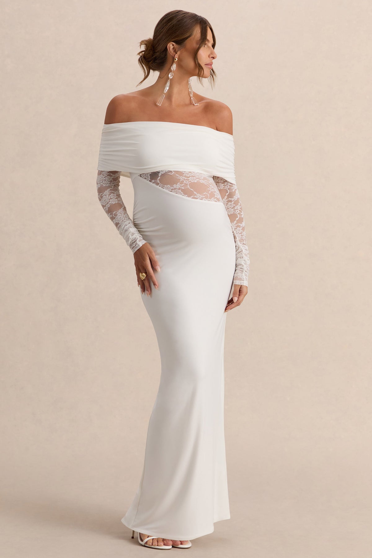 Artemisia | White Jersey Bardot Long Sleeve Maternity Maxi Dress With Gathered Detailing And Sheer Lace Panel