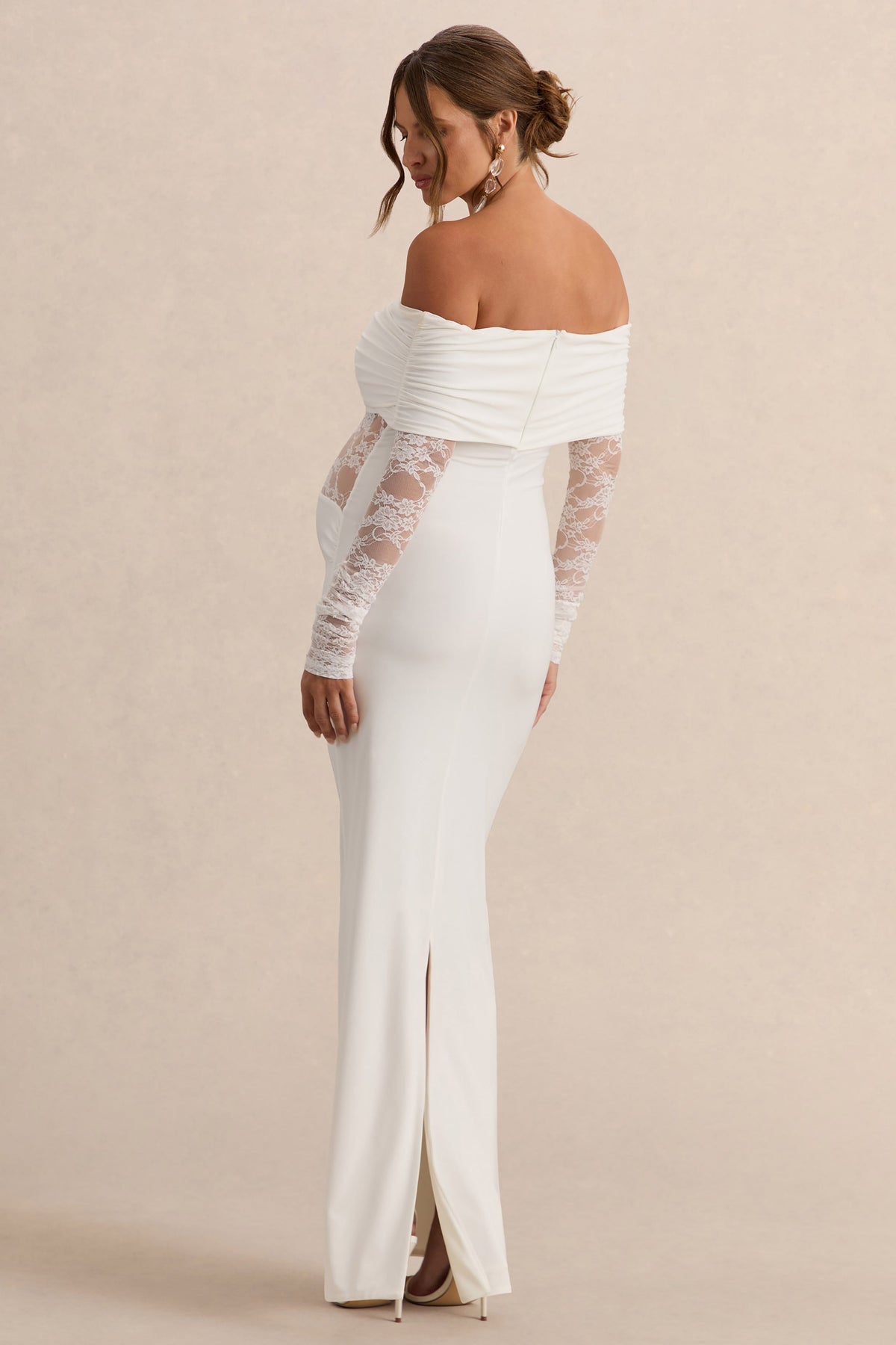 Artemisia | White Jersey Bardot Long Sleeve Maternity Maxi Dress With Gathered Detailing And Sheer Lace Panel