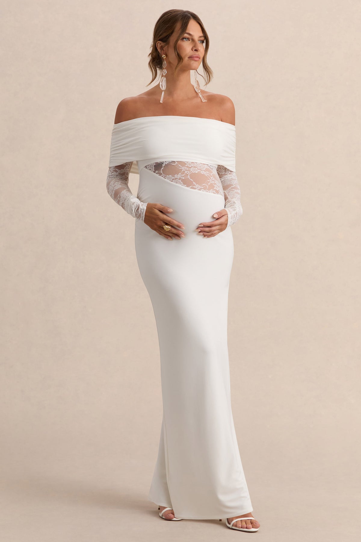 Artemisia | White Jersey Bardot Long Sleeve Maternity Maxi Dress With Gathered Detailing And Sheer Lace Panel