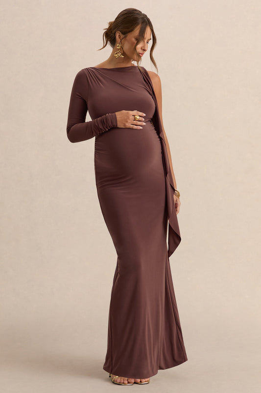 Emanuela | Brown Boat-Neck Maternity Maxi Dress With Sash Detail