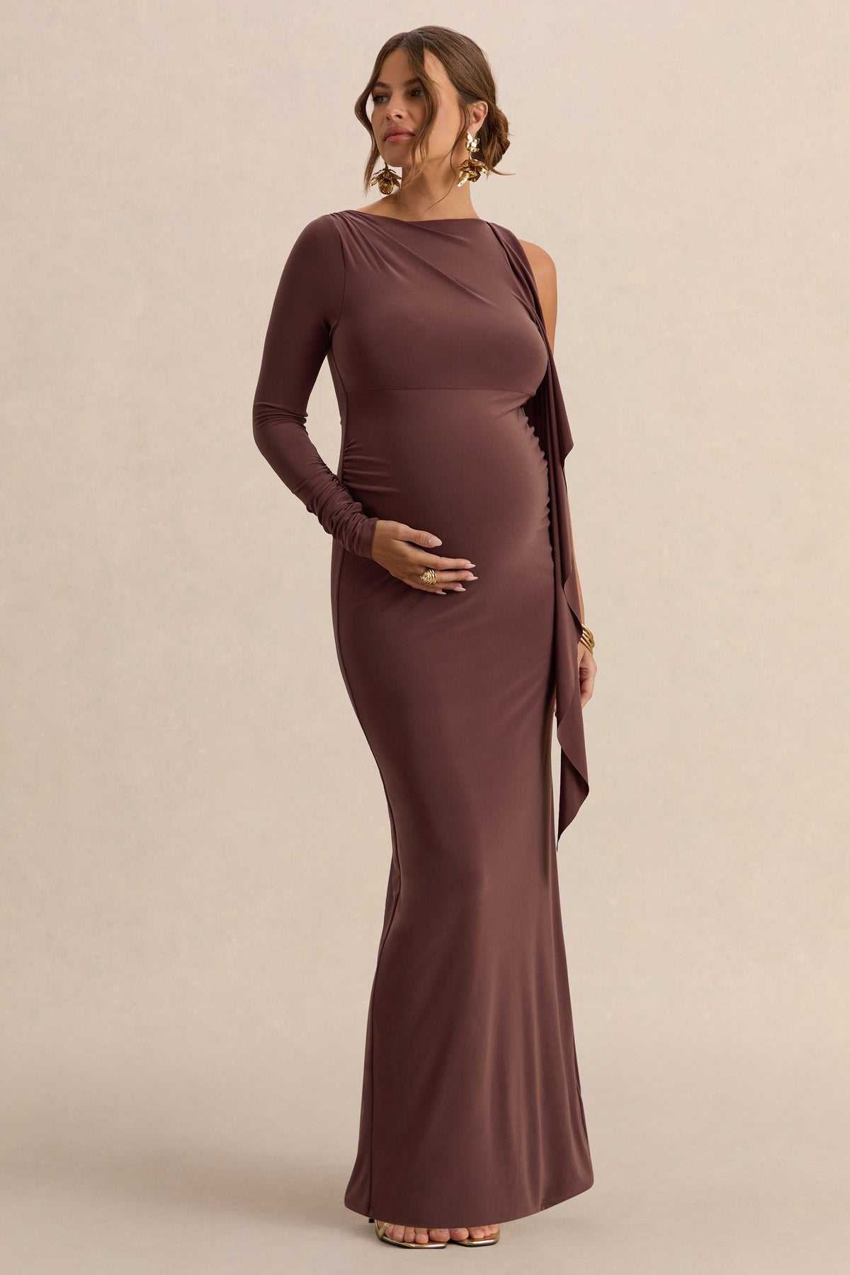 Emanuela | Brown Boat-Neck Maternity Maxi Dress With Sash Detail