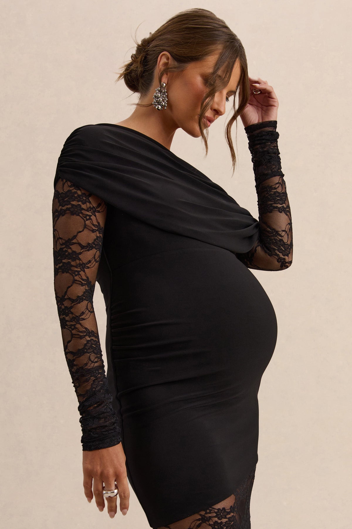 Giuliana | Black Asymmetric-Neck Maternity Maxi Dress With Lace Detailing