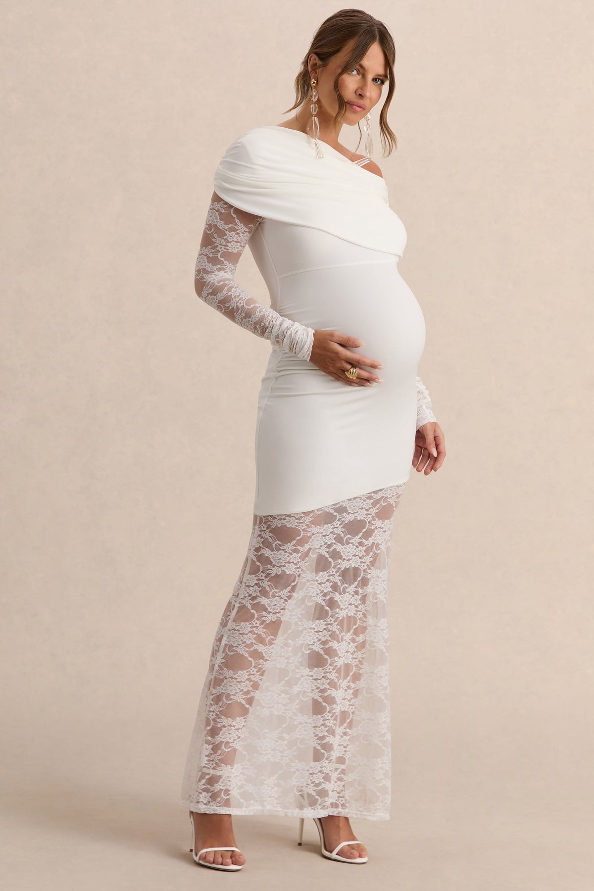 Giuliana | White Asymmetric-Neck Maternity Maxi Dress With Lace Detailing