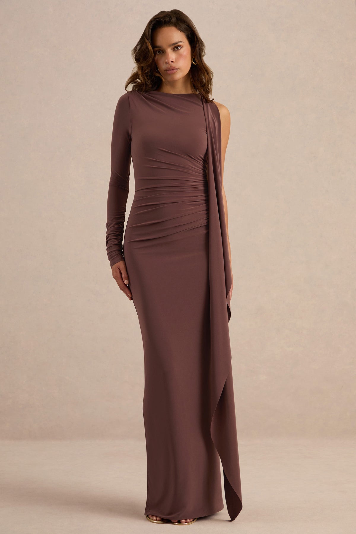 Epona | Dark Brown Jersey Boat Neck Long Sleeve Maxi Dress With Sash And Back Split
