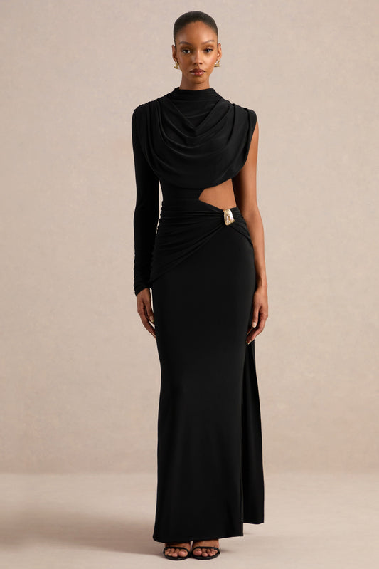 Esmaria | Black Jersey Ruched High Neck One Sleeve Maxi Dress With Draped Detailing And Gold Trim