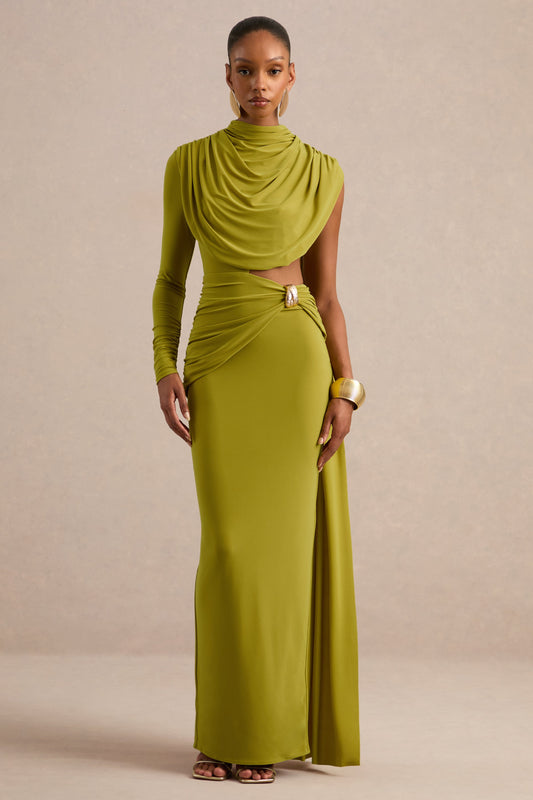 Esmaria | Olive Jersey Ruched High Neck One Sleeve Maxi Dress With Draped Detailing And Gold Trim