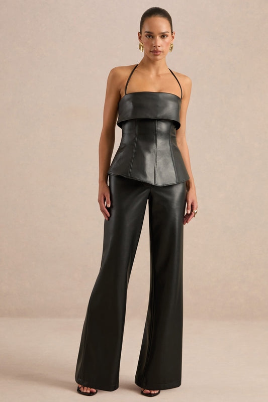 Gaelina | Black Faux Leather Straight Leg Trousers