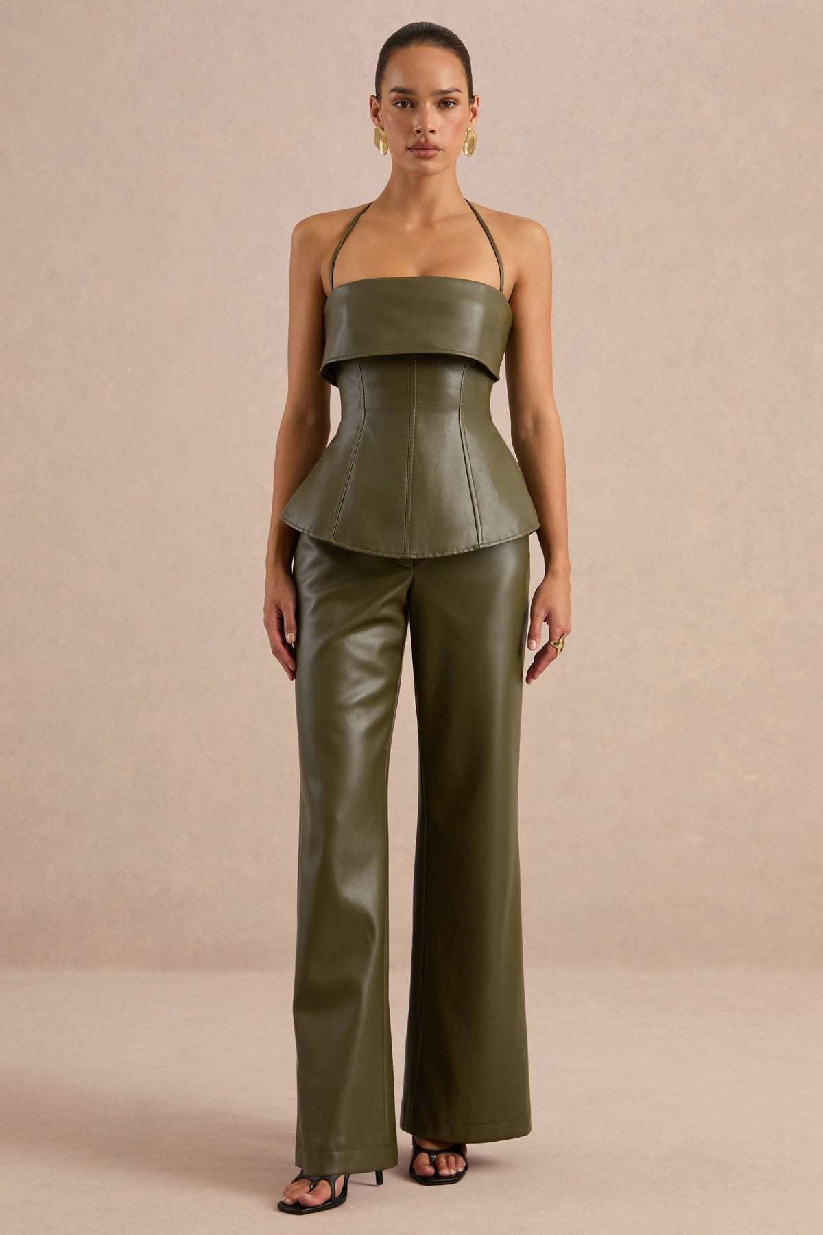 Gaelina | Khaki Faux Leather Straight Leg Trousers