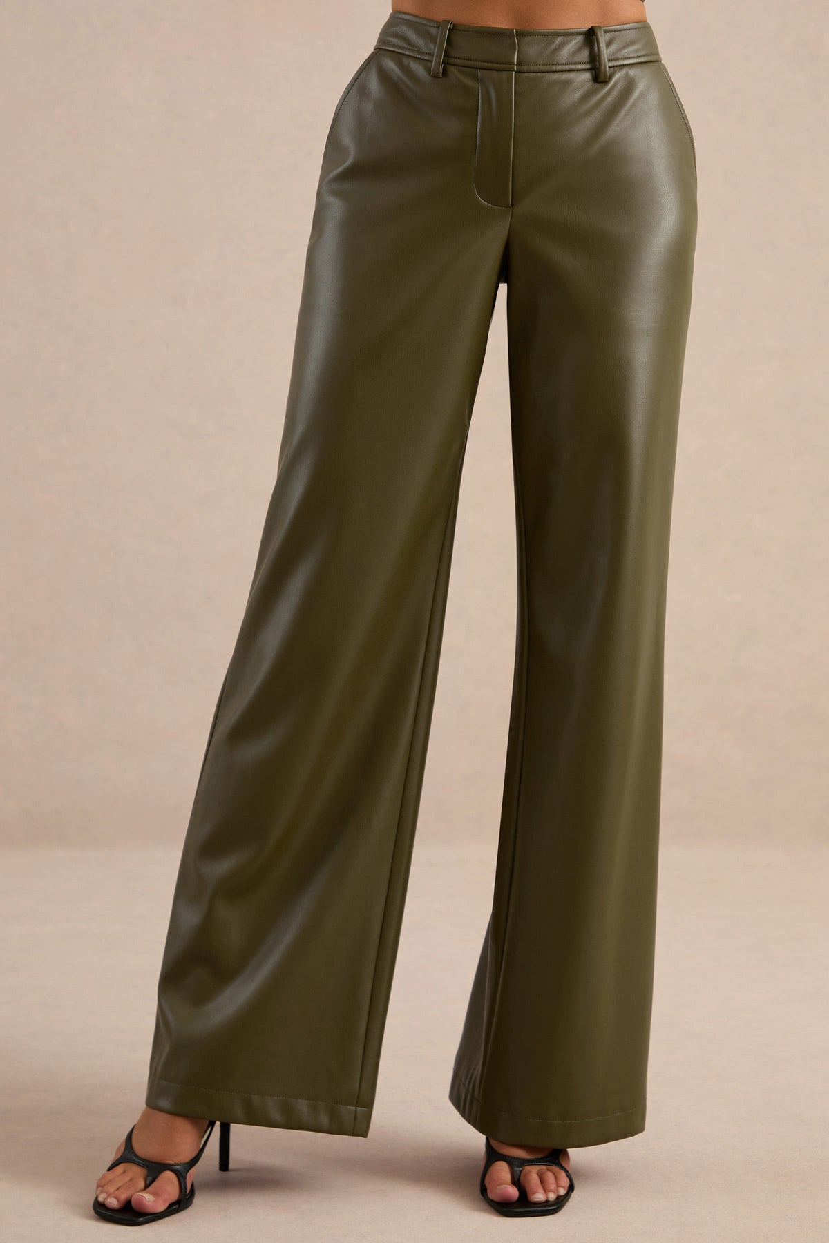 Gaelina | Khaki Faux Leather Straight Leg Trousers