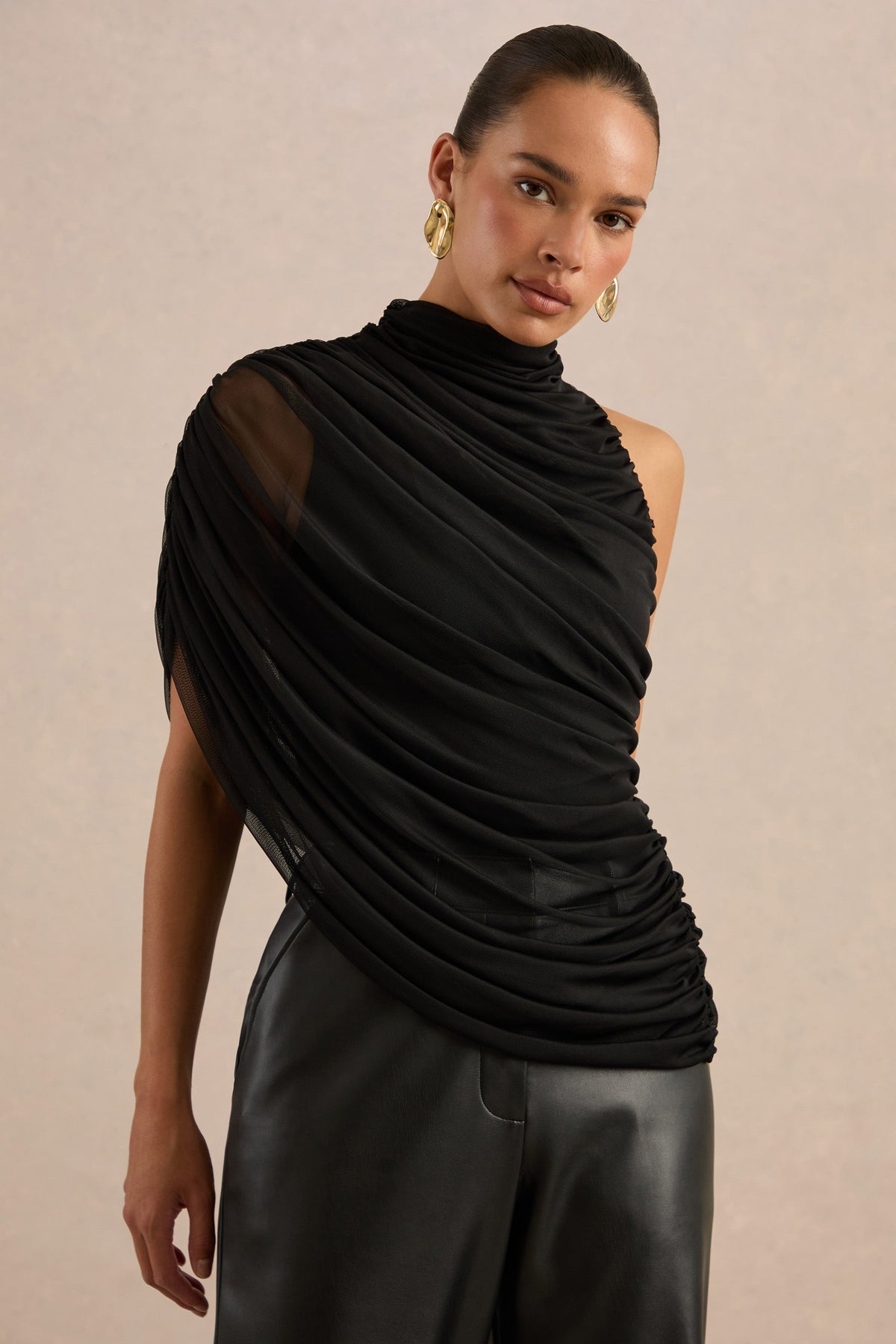 Galiana | Black Mesh Ruched High Neck Short Sleeve Top With Sheer Cape Sleeve