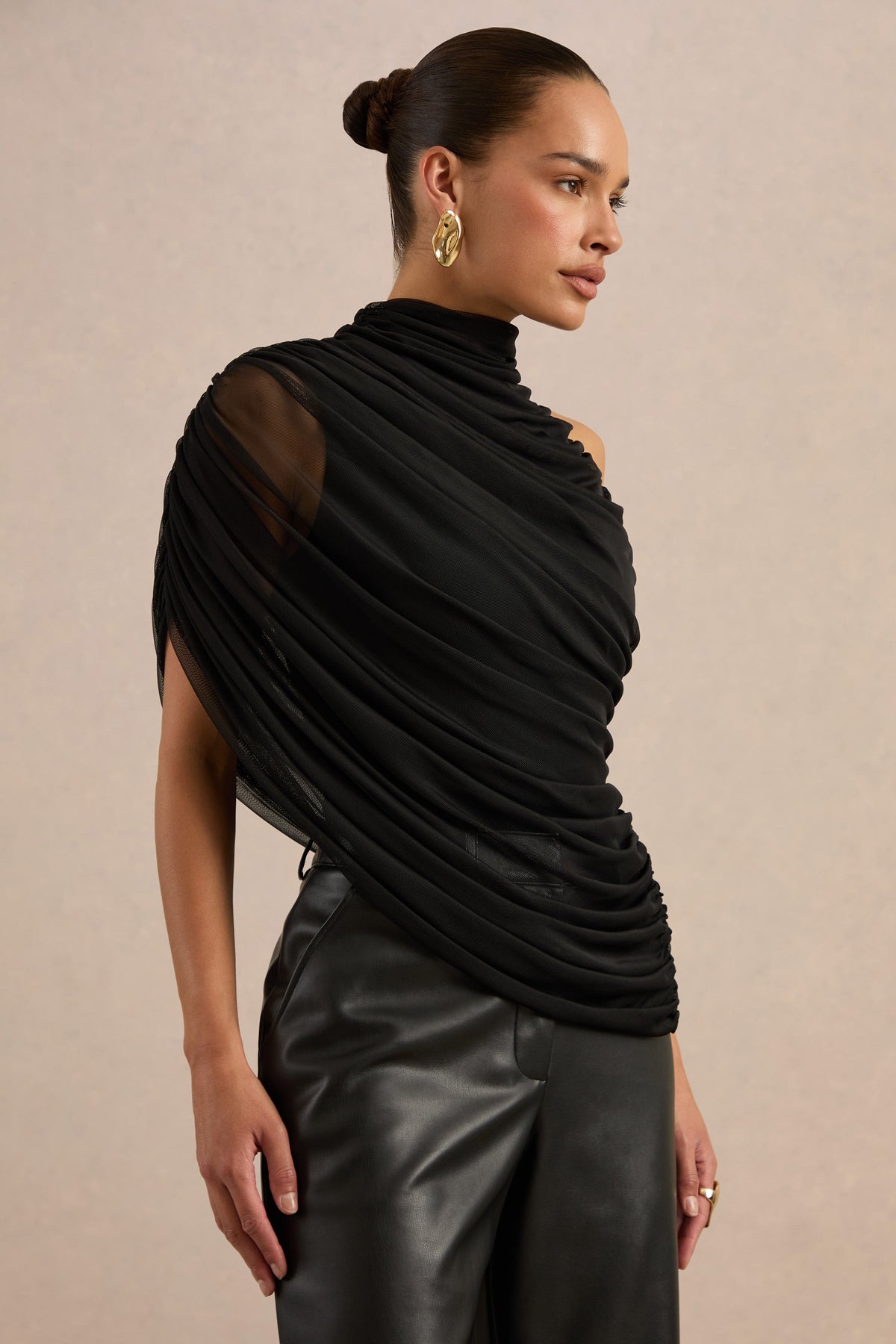 Galiana | Black Mesh Ruched High Neck Short Sleeve Top With Sheer Cape Sleeve