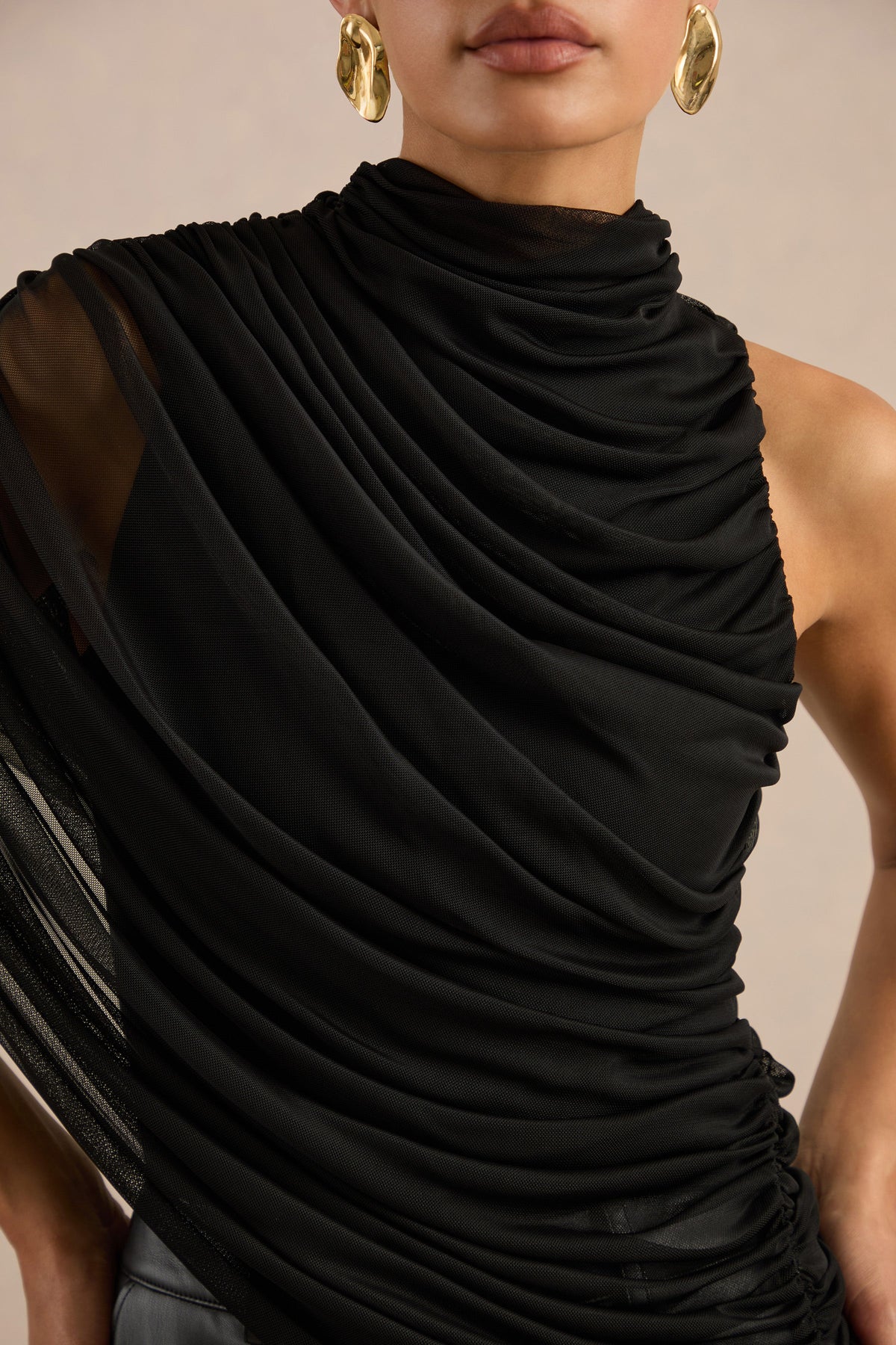 Galiana | Black Mesh Ruched High Neck Short Sleeve Top With Sheer Cape Sleeve