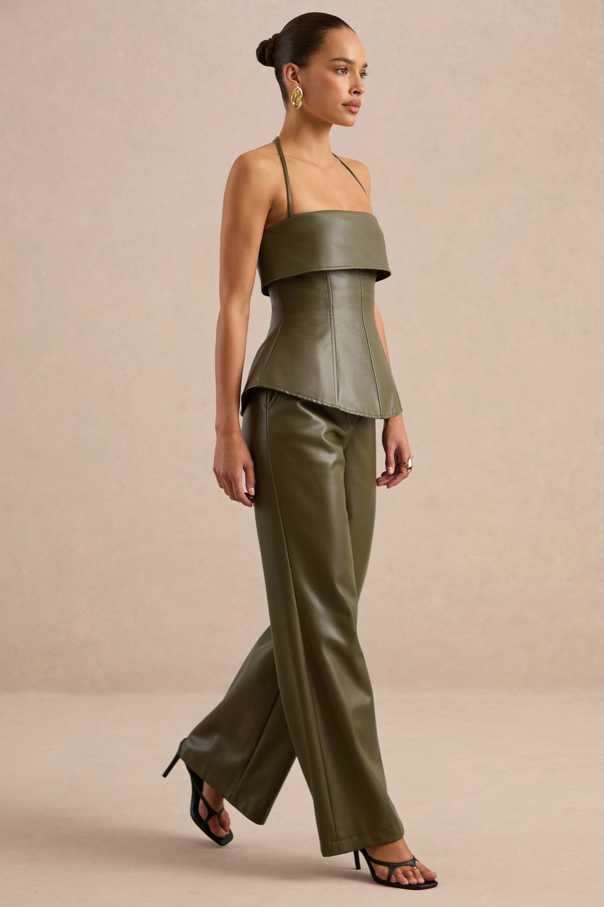 Gaelina | Khaki Faux Leather Bandeau Tailored Top With Ties