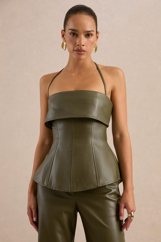 Gaelina | Khaki Faux Leather Bandeau Tailored Top With Ties