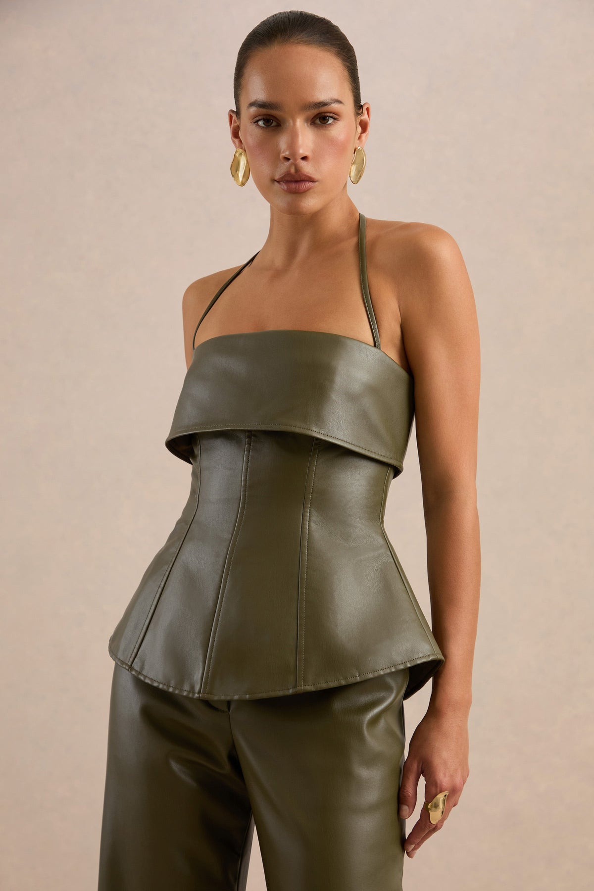 Gaelina | Khaki Faux Leather Bandeau Tailored Top With Ties