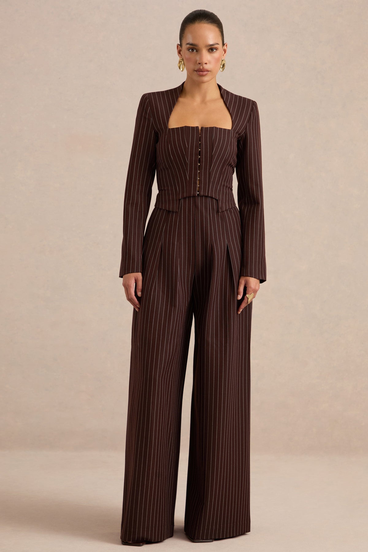 Genara | Brown Pin Stripe High Rise Wide Leg Trousers
