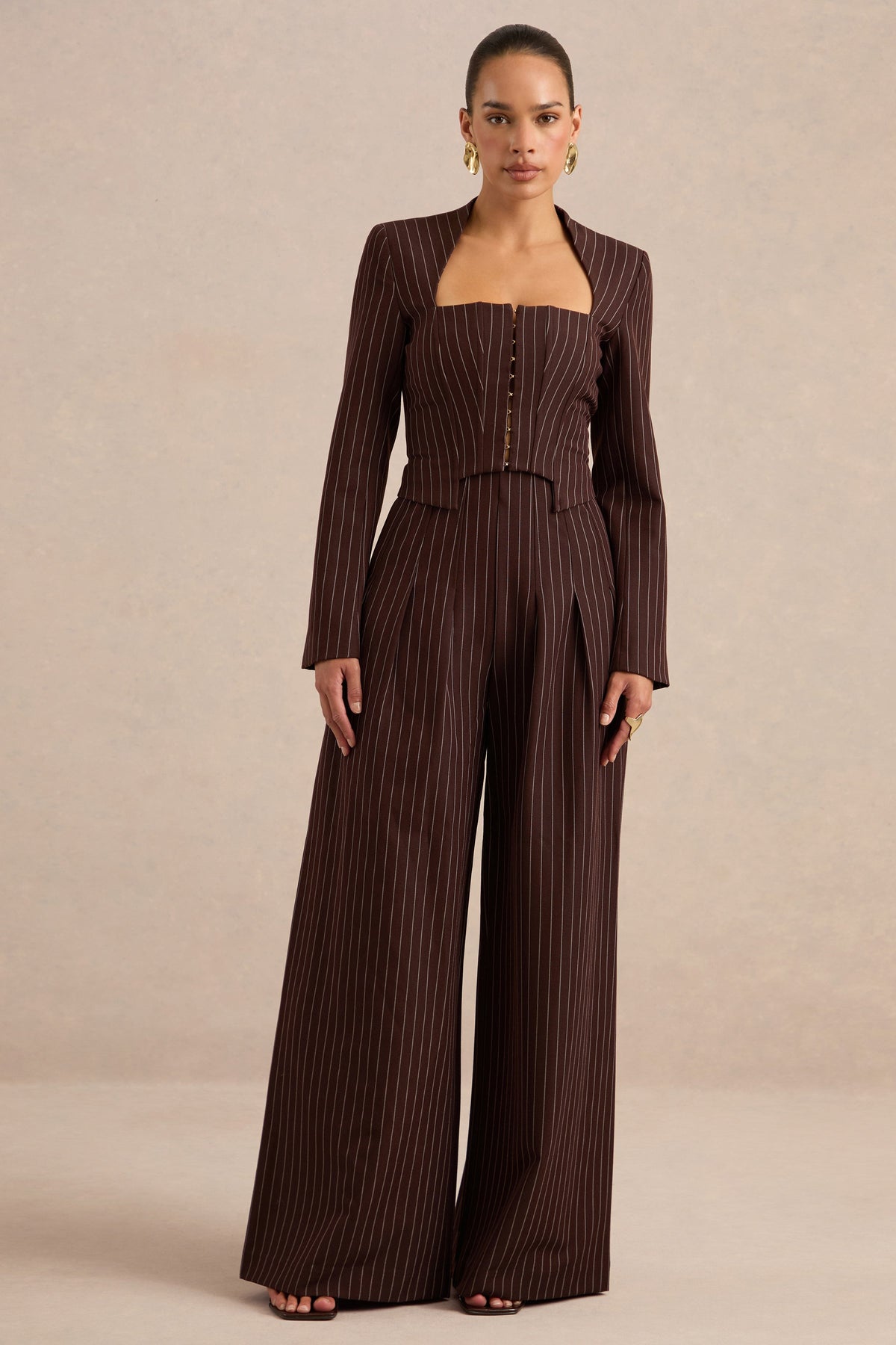 Genara | Brown Pin Stripe High Rise Wide Leg Trousers