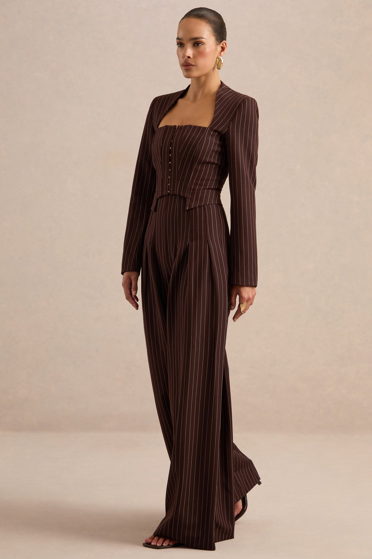 Genara | Brown Pin Stripe High Rise Wide Leg Trousers