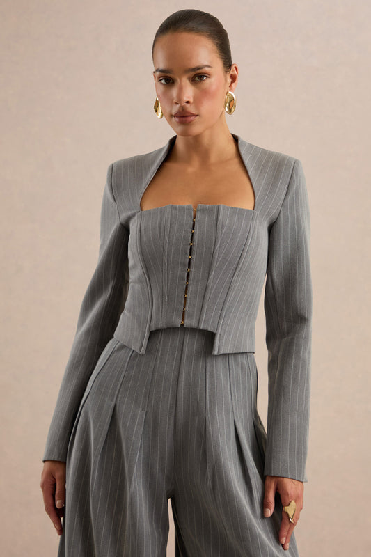 Genara | Grey Pinstripe Square Neck Long Sleeve Tailored Top