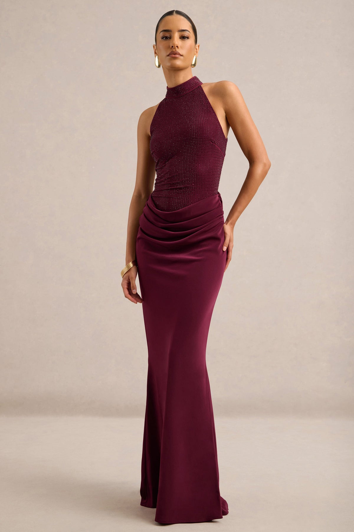 Amirae | Burgundy Embellished Halter Neck Maxi Dress With Satin Skirt And Drape Detailing