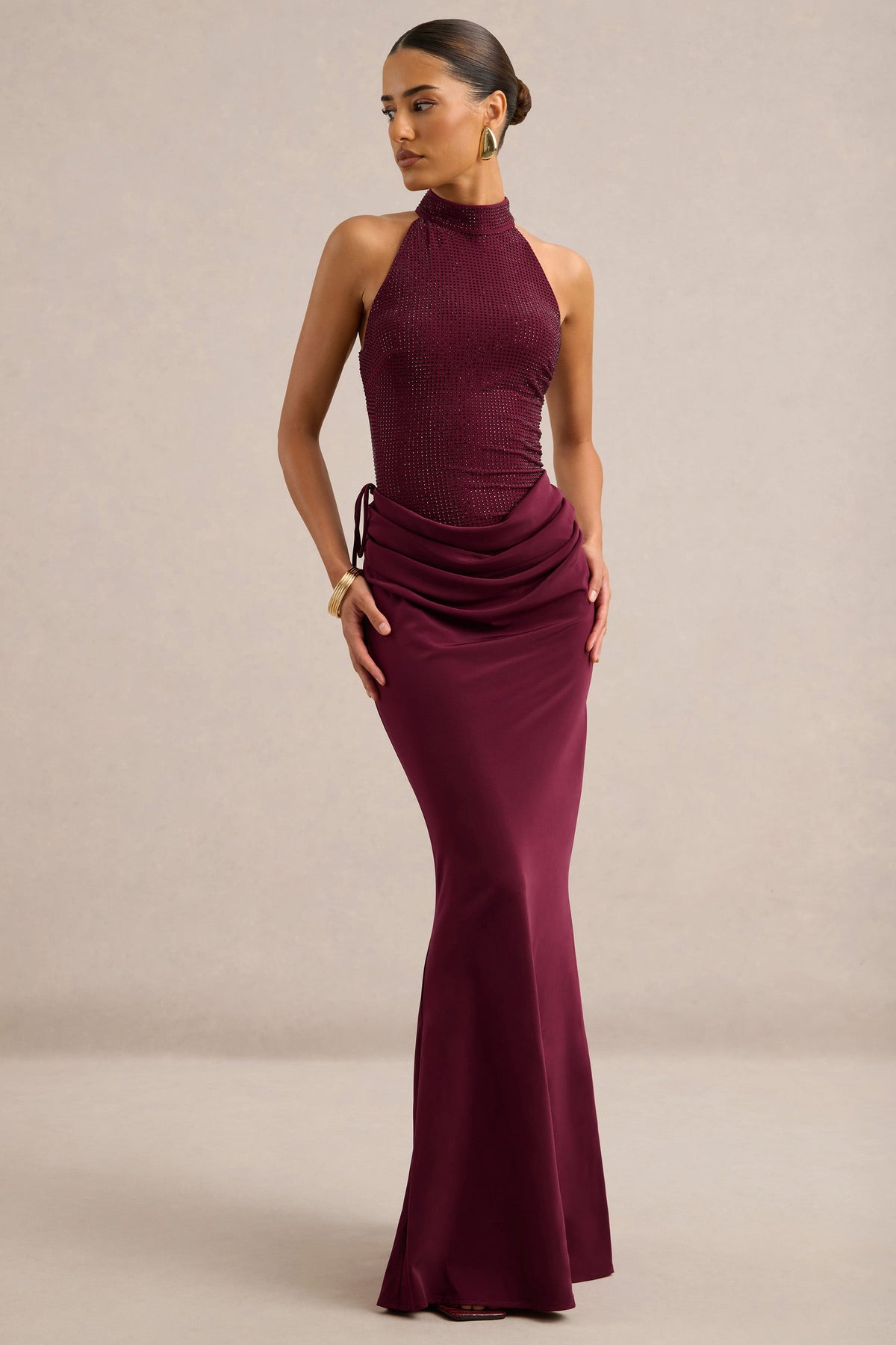 Amirae | Burgundy Embellished Halter Neck Maxi Dress With Satin Skirt And Drape Detailing